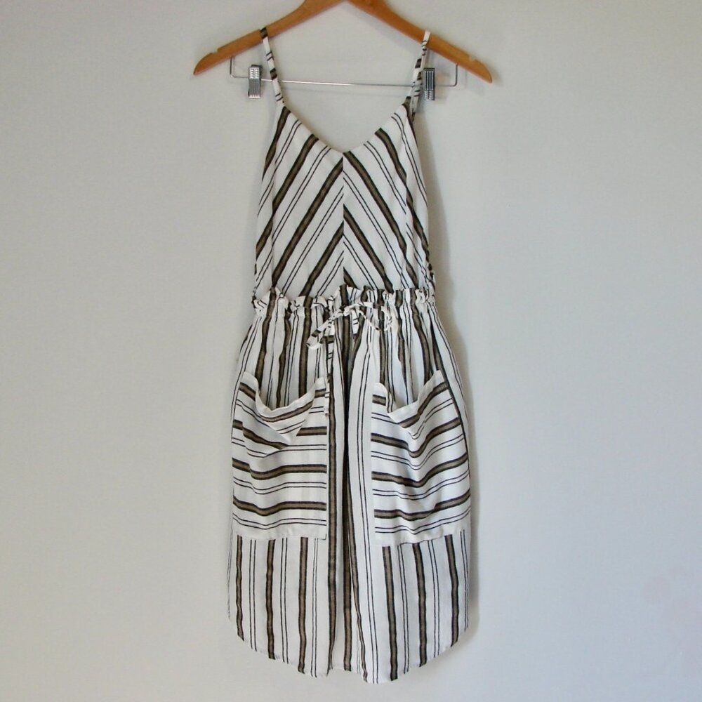 Linen Blend Summer Dress Sleeveless Lauren Vidal White Black Tan Stripe Small